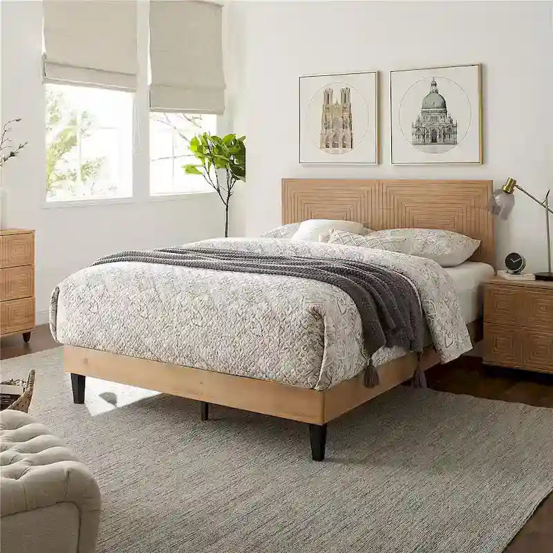Cama de Plataforma de Madera Sólida de Mediados de Siglo, Base de Cama con Cabecero de Altura Ajustable, No Requiere Somier