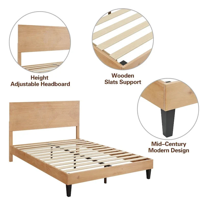 Cama de Plataforma de Madera Sólida de Mediados de Siglo, Base de Cama con Cabecero de Altura Ajustable, No Requiere Somier