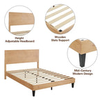 Cama de Plataforma de Madera Sólida de Mediados de Siglo, Base de Cama con Cabecero de Altura Ajustable, No Requiere Somier