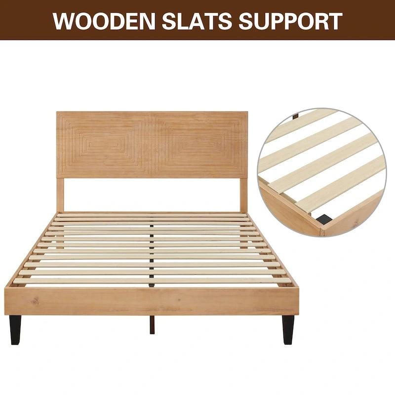 Cama de Plataforma de Madera Sólida de Mediados de Siglo, Base de Cama con Cabecero de Altura Ajustable, No Requiere Somier