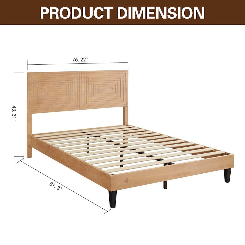 Cama de Plataforma de Madera Sólida de Mediados de Siglo, Base de Cama con Cabecero de Altura Ajustable, No Requiere Somier