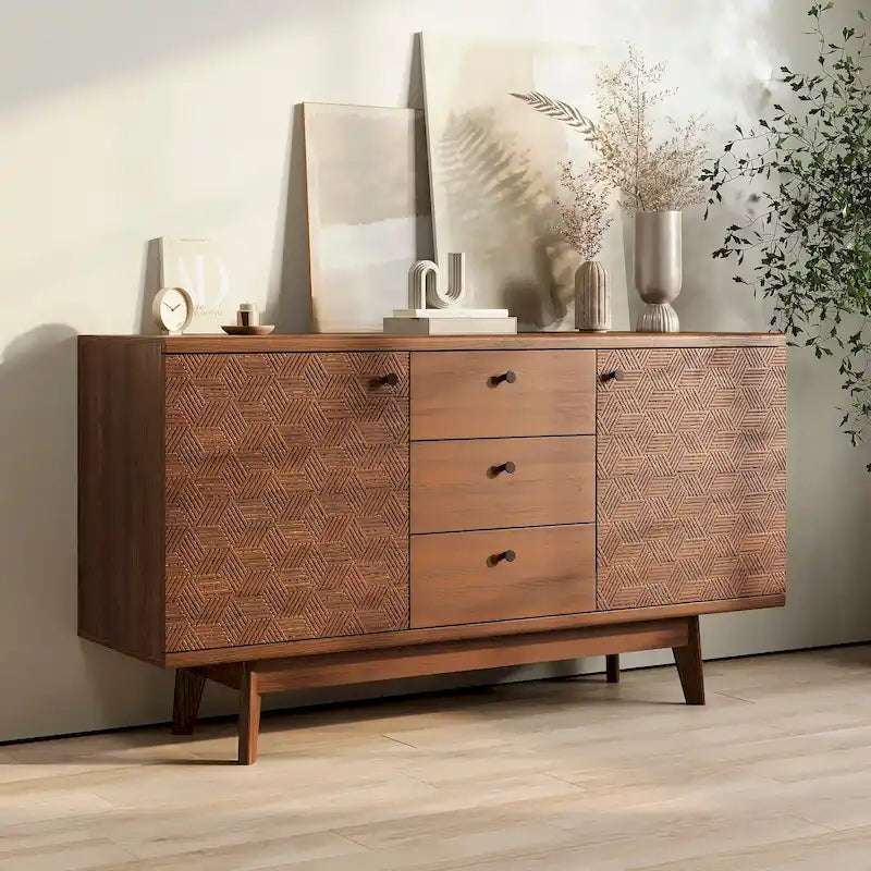 Aparador de estilo escandinavo para TV, con cajones y patas de madera, para televisores de hasta 65 pulgadas