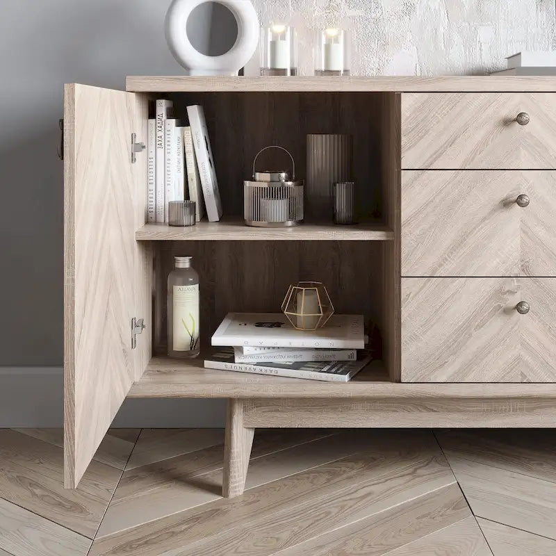 Aparador de estilo escandinavo para TV, con cajones y patas de madera, para televisores de hasta 65 pulgadas