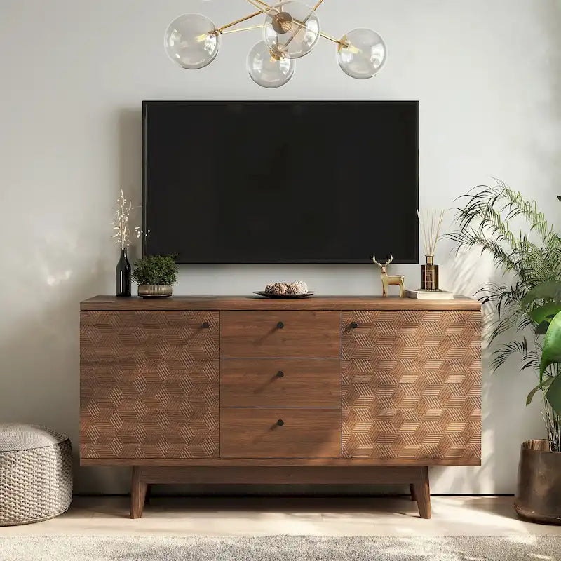 Aparador de estilo escandinavo para TV, con cajones y patas de madera, para televisores de hasta 65 pulgadas