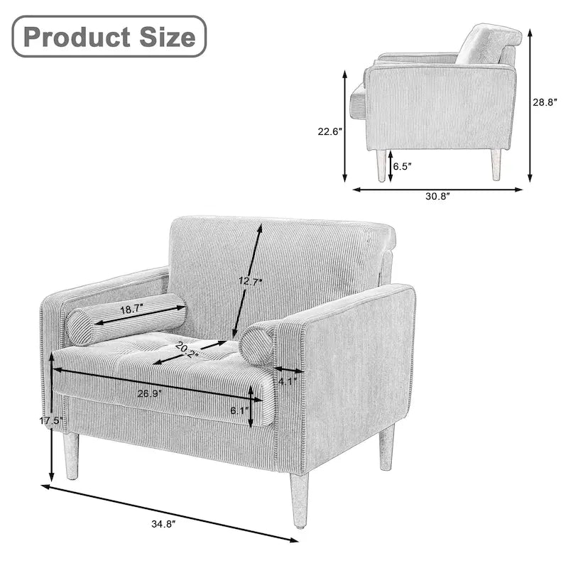 Sillón moderno tapizado de pana con brazos y cojines