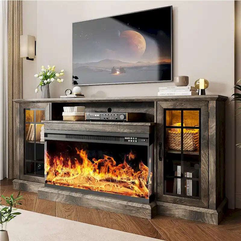 Mueble para TV de chimenea con cristal de 3 lados de 36 pulgadas para televisores de hasta 80 pulgadas