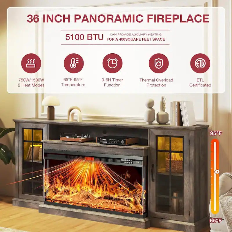 Mueble para TV de chimenea con cristal de 3 lados de 36 pulgadas para televisores de hasta 80 pulgadas