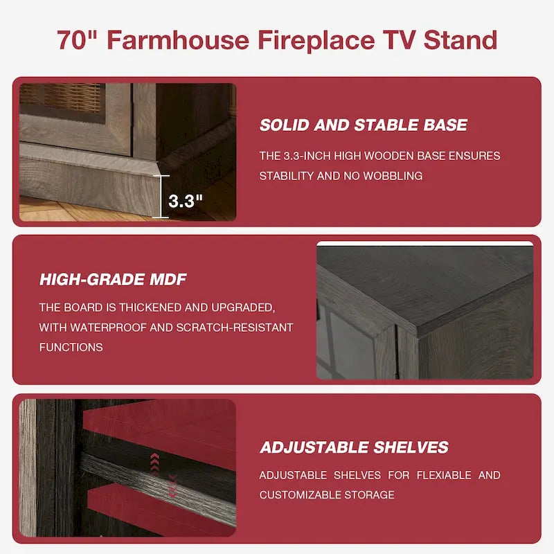 Mueble para TV de chimenea con cristal de 3 lados de 36 pulgadas para televisores de hasta 80 pulgadas