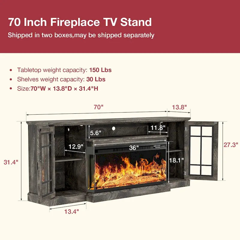 Mueble para TV de chimenea con cristal de 3 lados de 36 pulgadas para televisores de hasta 80 pulgadas