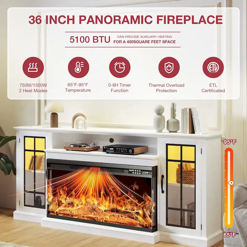 Mueble para TV de chimenea con cristal de 3 lados de 36 pulgadas para televisores de hasta 80 pulgadas