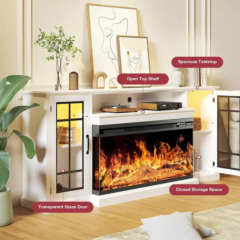 Mueble para TV de chimenea con cristal de 3 lados de 36 pulgadas para televisores de hasta 80 pulgadas