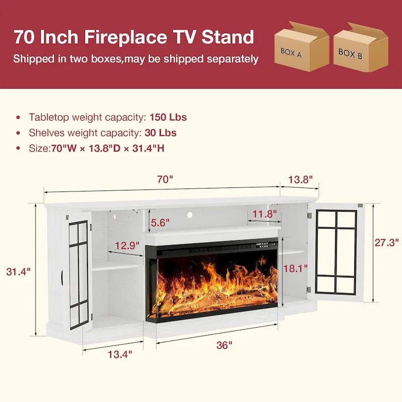 Mueble para TV de chimenea con cristal de 3 lados de 36 pulgadas para televisores de hasta 80 pulgadas