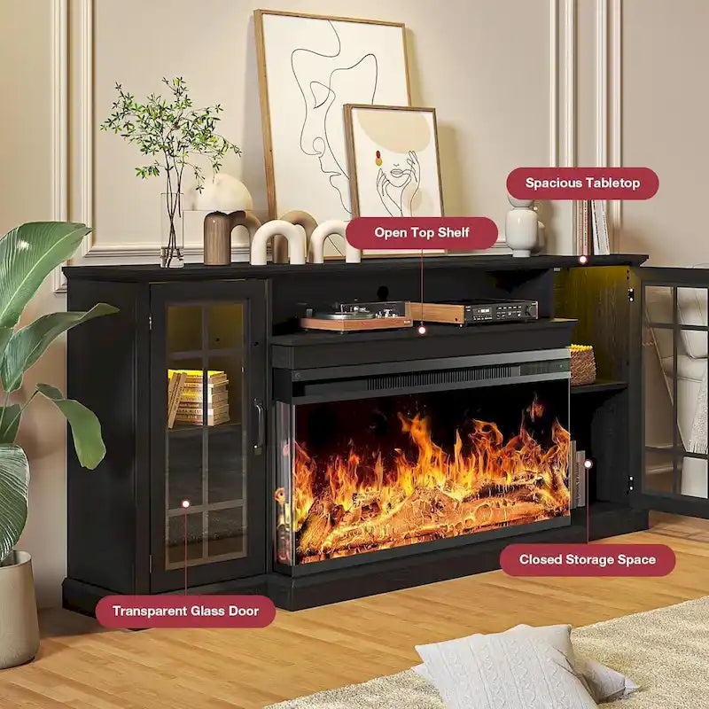 Mueble para TV de chimenea con cristal de 3 lados de 36 pulgadas para televisores de hasta 80 pulgadas