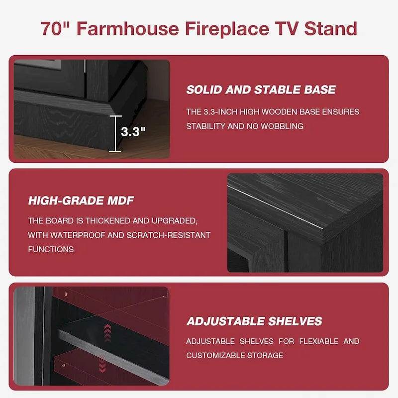 Mueble para TV de chimenea con cristal de 3 lados de 36 pulgadas para televisores de hasta 80 pulgadas