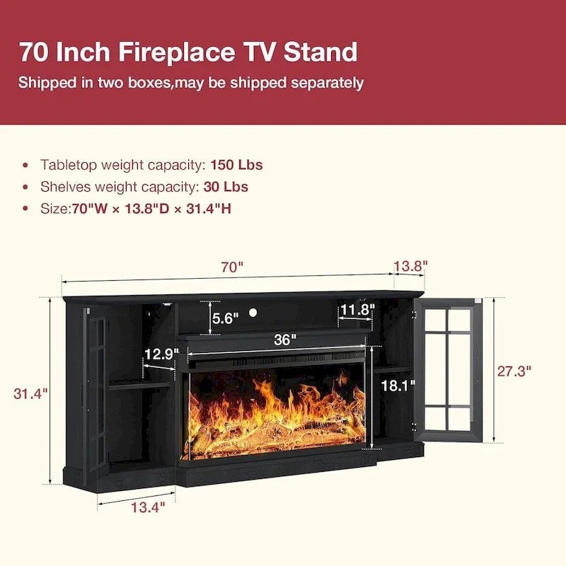 Mueble para TV de chimenea con cristal de 3 lados de 36 pulgadas para televisores de hasta 80 pulgadas