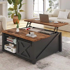 Mesa de centro elevable cuadrada con puerta de granero y estante de almacenamiento