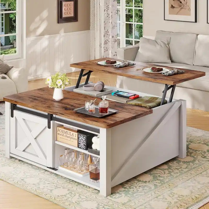 Mesa de centro elevable cuadrada con puerta de granero y estante de almacenamiento
