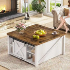Mesa de centro elevable cuadrada con puerta de granero y estante de almacenamiento
