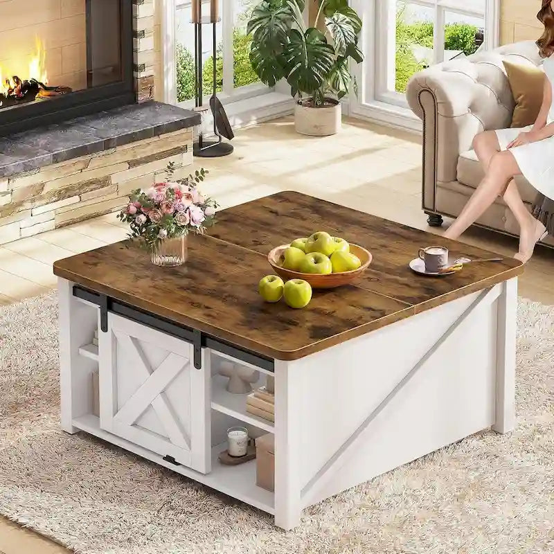 Mesa de centro elevable cuadrada con puerta de granero y estante de almacenamiento