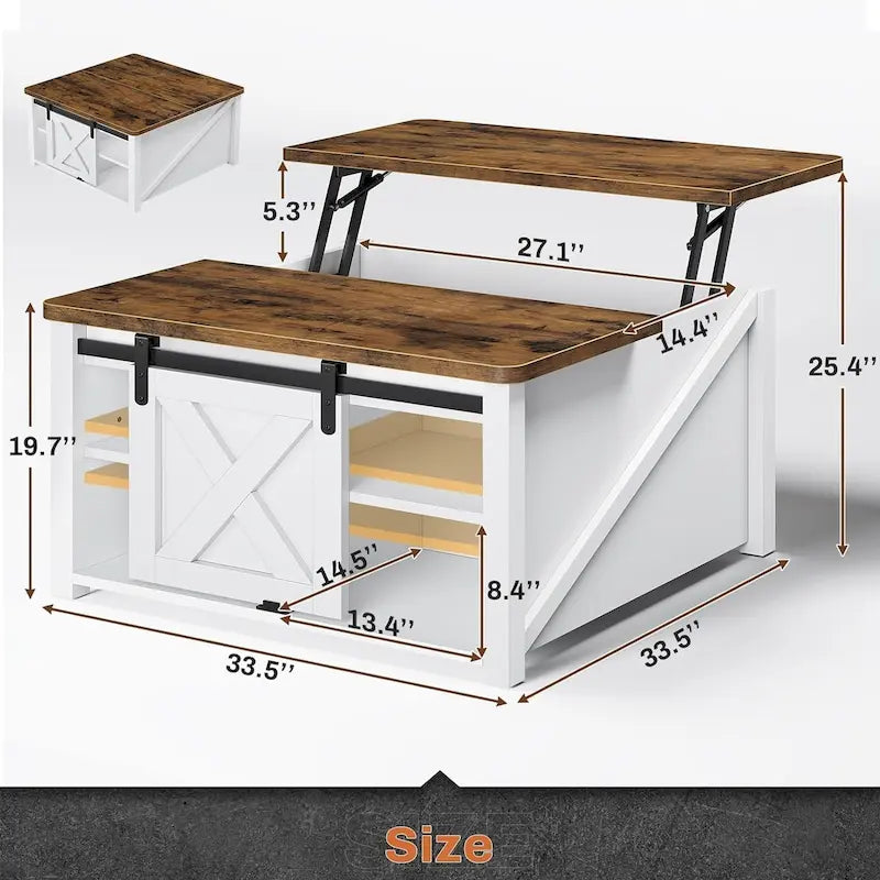 Mesa de centro elevable cuadrada con puerta de granero y estante de almacenamiento