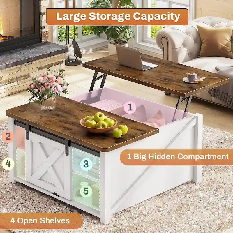 Mesa de centro elevable cuadrada con puerta de granero y estante de almacenamiento