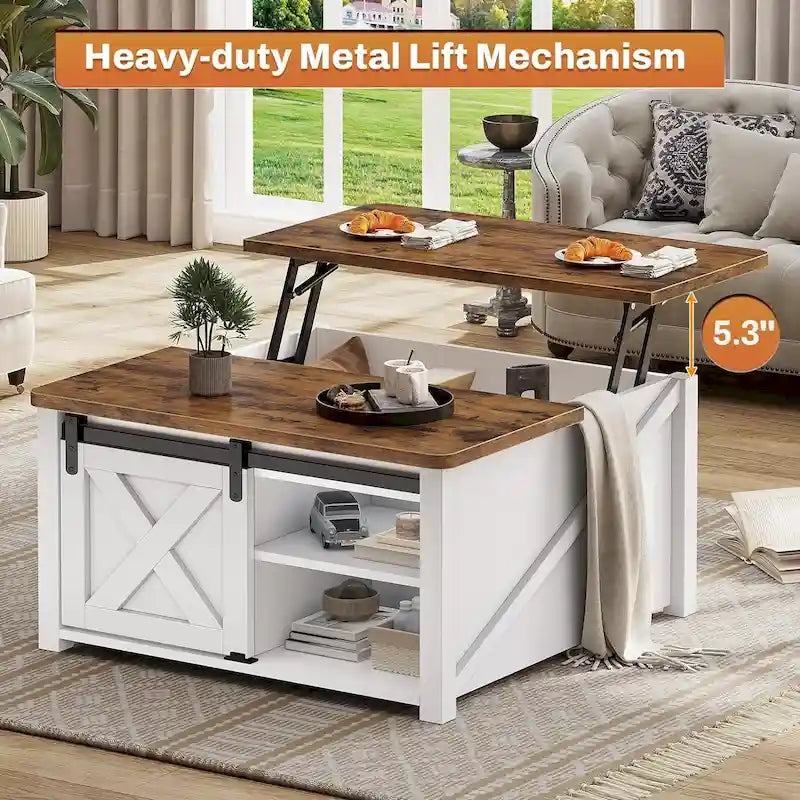 Mesa de centro elevable cuadrada con puerta de granero y estante de almacenamiento
