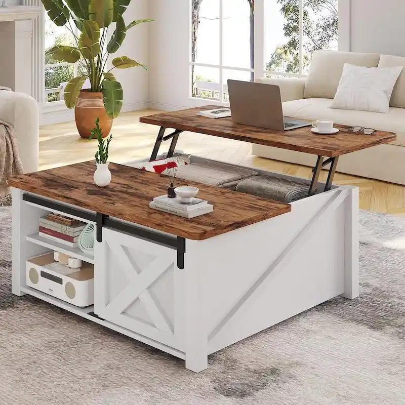Mesa de centro elevable cuadrada con puerta de granero y estante de almacenamiento