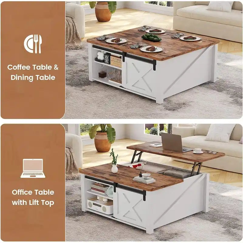 Mesa de centro elevable cuadrada con puerta de granero y estante de almacenamiento