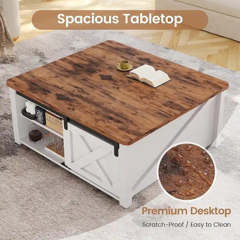 Mesa de centro elevable cuadrada con puerta de granero y estante de almacenamiento