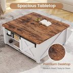 Mesa de centro elevable cuadrada con puerta de granero y estante de almacenamiento