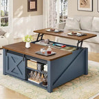 Mesa de centro elevable cuadrada con puerta de granero y estante de almacenamiento