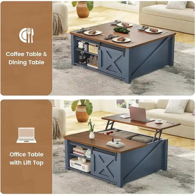 Mesa de centro elevable cuadrada con puerta de granero y estante de almacenamiento