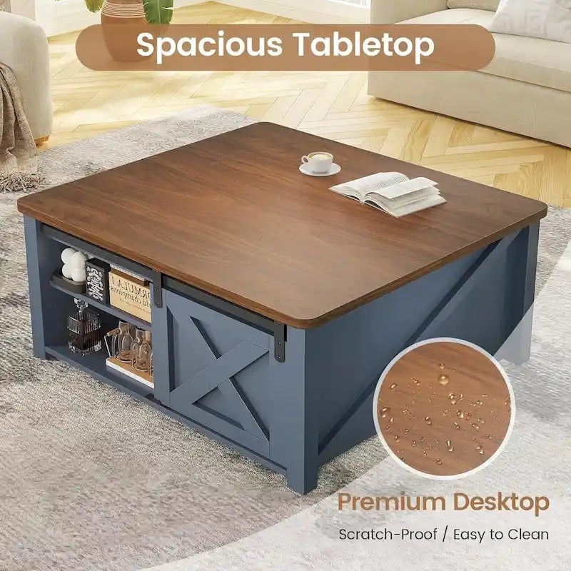Mesa de centro elevable cuadrada con puerta de granero y estante de almacenamiento