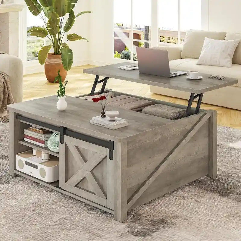 Mesa de centro elevable cuadrada con puerta de granero y estante de almacenamiento