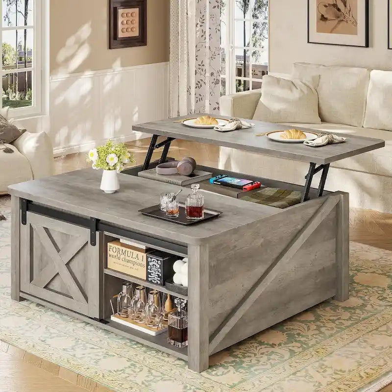 Mesa de centro elevable cuadrada con puerta de granero y estante de almacenamiento