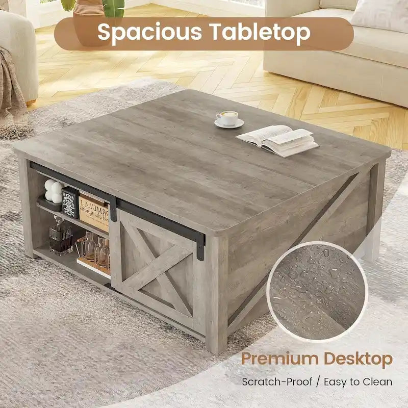 Mesa de centro elevable cuadrada con puerta de granero y estante de almacenamiento