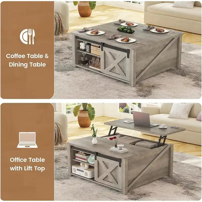 Mesa de centro elevable cuadrada con puerta de granero y estante de almacenamiento