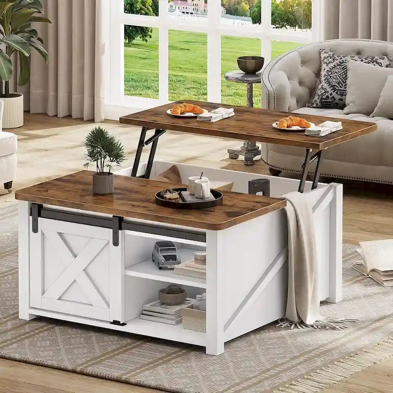 Mesa de centro elevable cuadrada con puerta de granero y estante de almacenamiento