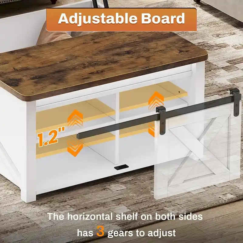 Mesa de centro elevable cuadrada con puerta de granero y estante de almacenamiento