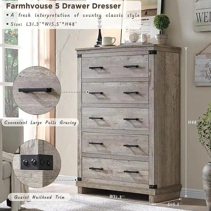 Cómoda de 5 cajones estilo rústico, Cómoda de madera, Cómoda de armario