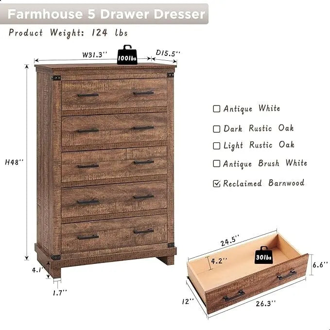 Cómoda de 5 cajones estilo rústico, Cómoda de madera, Cómoda de armario