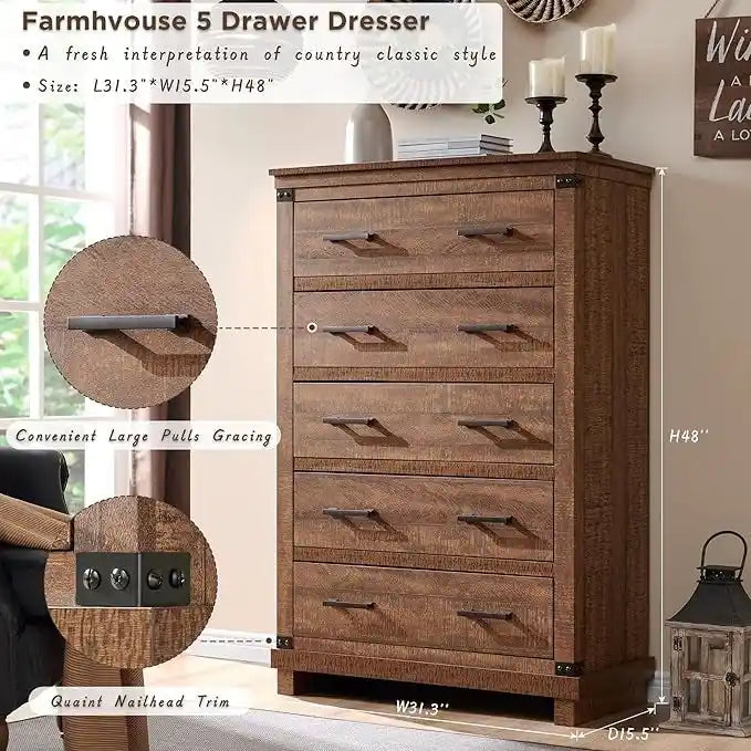 Cómoda de 5 cajones estilo rústico, Cómoda de madera, Cómoda de armario