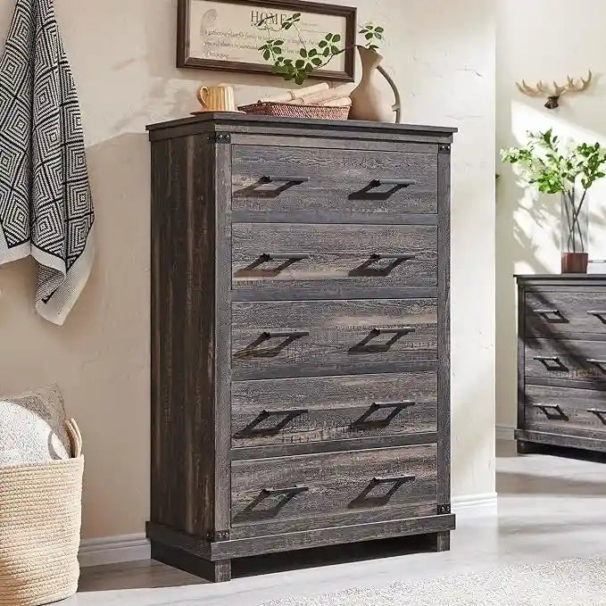 Cómoda de 5 cajones estilo rústico, Cómoda de madera, Cómoda de armario