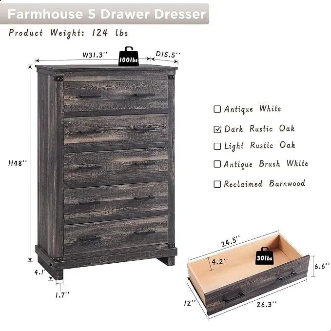 Cómoda de 5 cajones estilo rústico, Cómoda de madera, Cómoda de armario