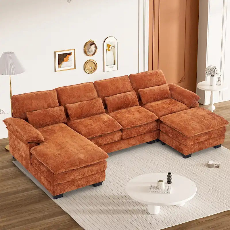 Sofá seccional en forma de U de tejido chenilla suave con cojín de doble capa