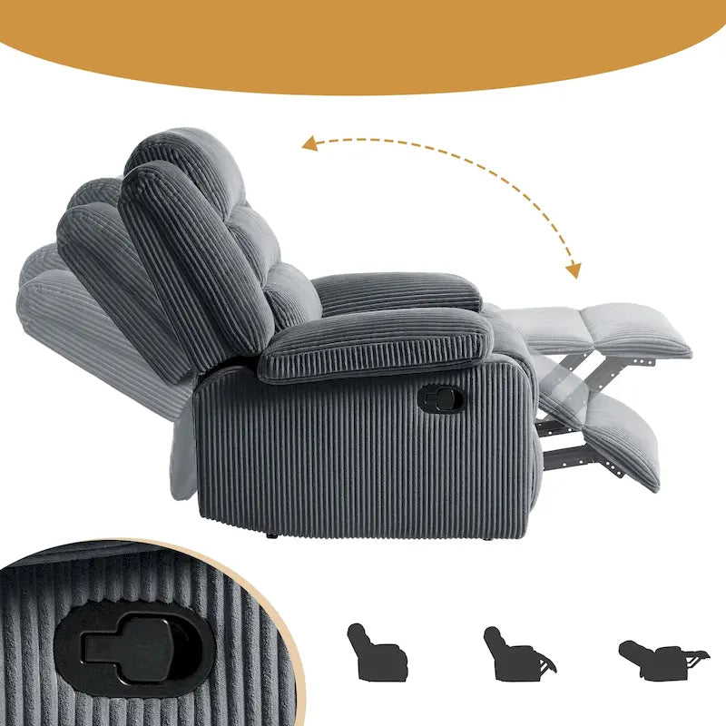 Sillón reclinable manual de pana de algodón supersuave con reposabrazos anchos