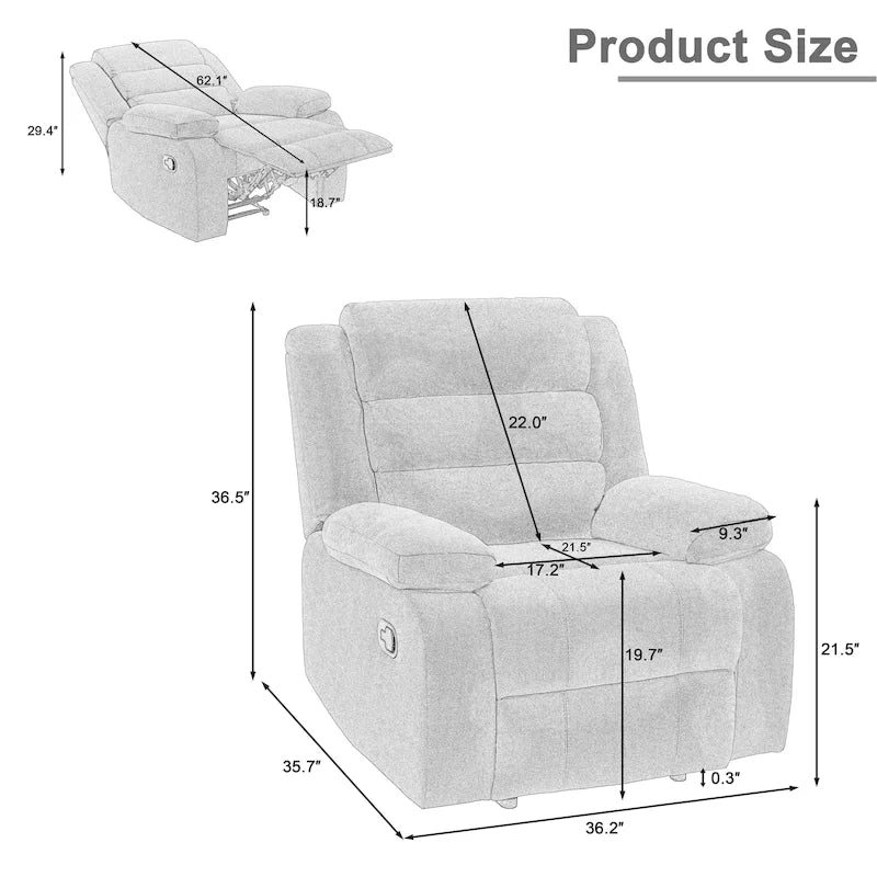 Sillón reclinable manual de pana de algodón supersuave con reposabrazos anchos