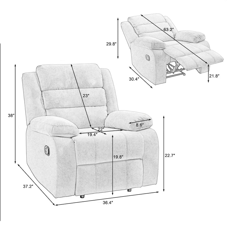 Sillón reclinable manual de pana de algodón supersuave con reposabrazos anchos