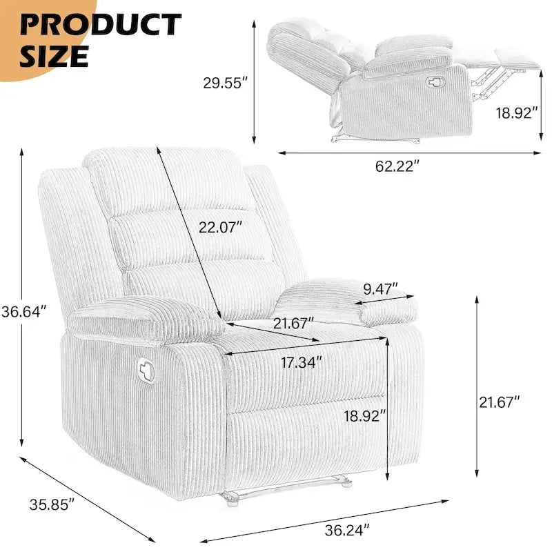 Sillón reclinable manual de pana de algodón supersuave con reposabrazos anchos