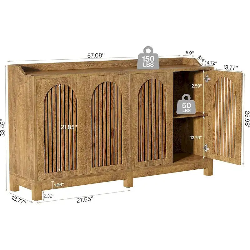 Aparador de cocina rústico de 57 pulgadas con puertas y estante ajustable